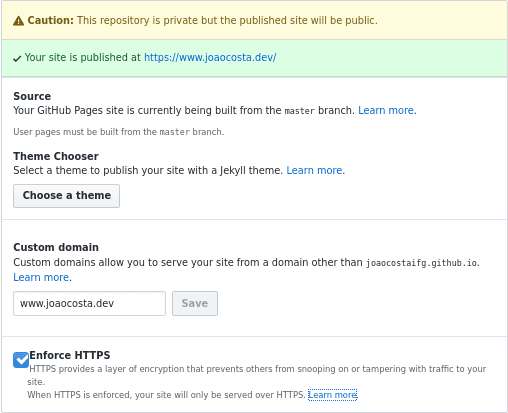 Github repository pages options