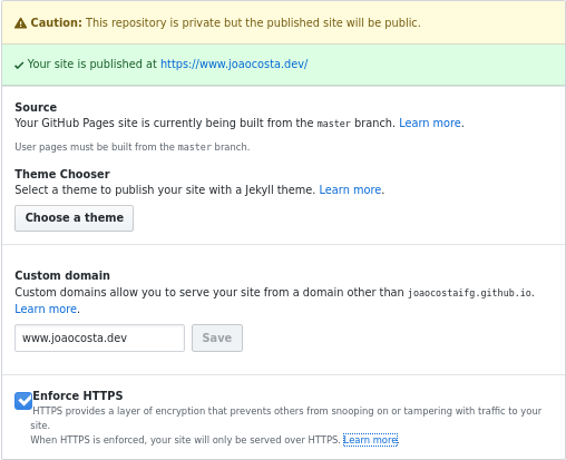 Github repository pages options